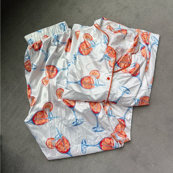 White Satin Pajama Set with Aperol Spritz Print - Picture 3 of 4